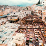 Tannery,Fez cityscape from above with traditional leather tanning and dyeing tannery in the old medina of Fez - Fes, Morocco, Africa.