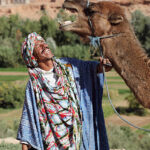 Happy berber man and his camel sharing a joyful moment in Morocco